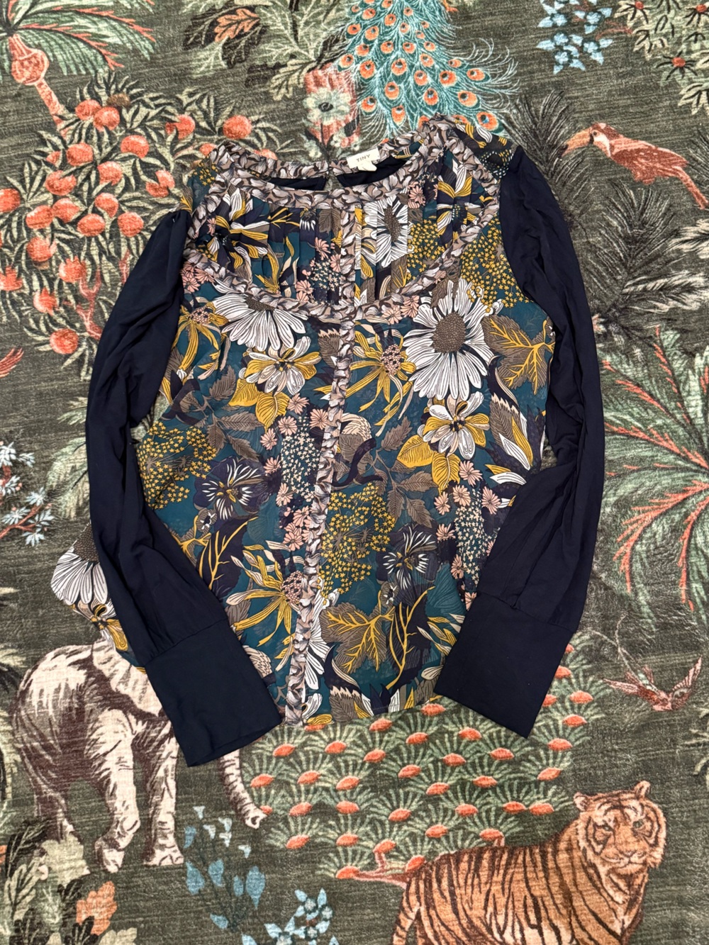 Tiny Anthro Floral Button-Front Women’s Blouse in Teal and Mustard